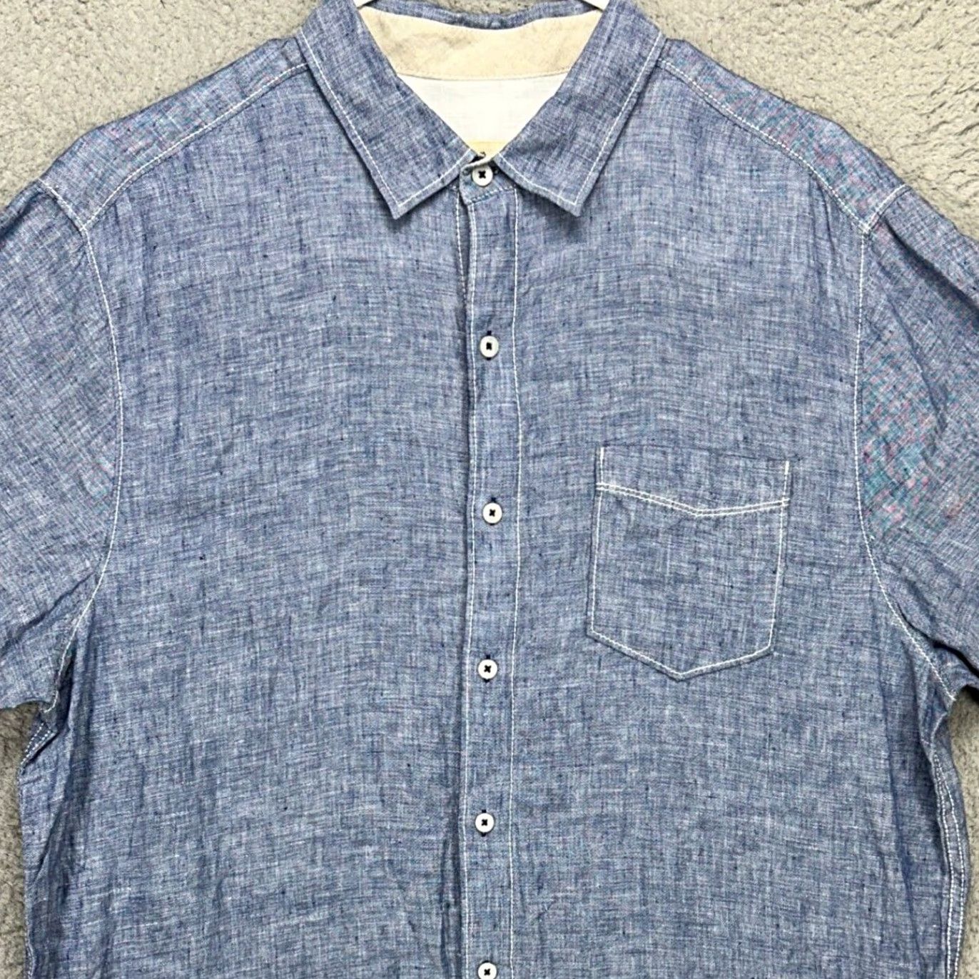 Tommy Bahama Tommy Bahama Button Up Shirt Mens Large Blue Short Sleeve Linen Pocket Logo 100% Linen Shirt Button-Up Casual Breathable Vel Size US L / EU 52-54 / 3 - 2 Thumbnail