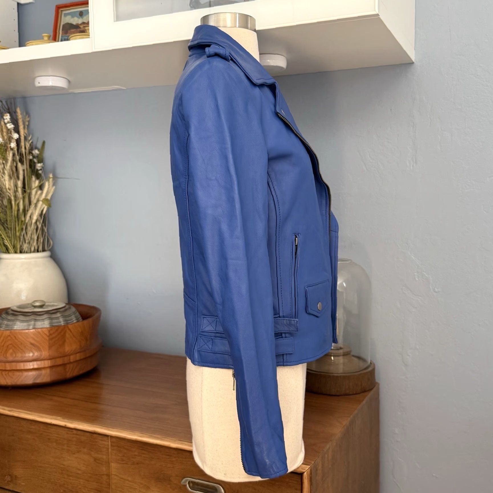Vintage Santo by Paolo De Santo Blue Lambskin Leather Moto Jacket XS Woman Slim Short Zip Size XS / US 0-2 / IT 36-38 - 5 Thumbnail