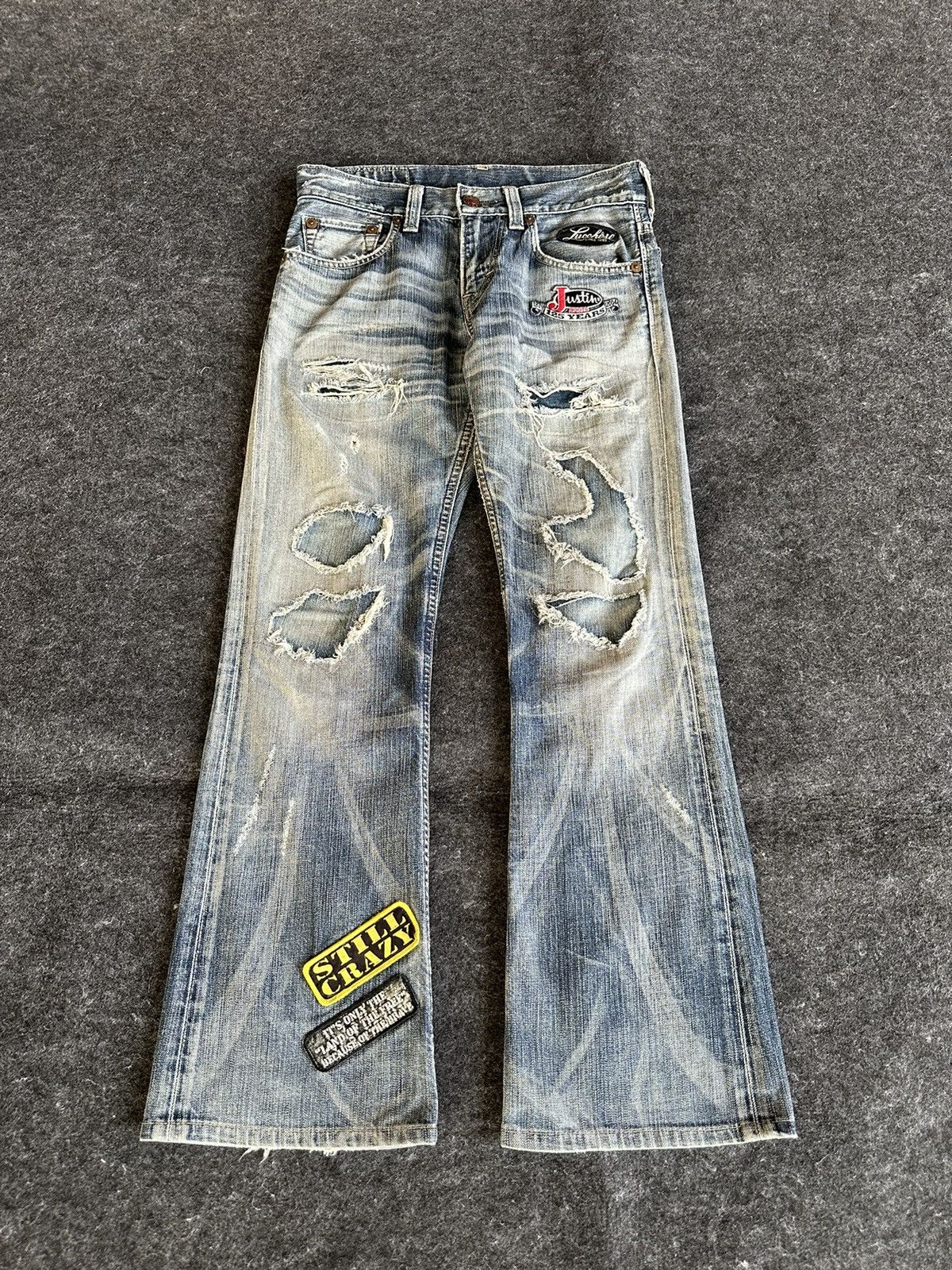 14th Addiction Edwin Blue Trip 5001 Patches Flare Vintage Denim D516 Size US 28 / EU 44 - 1 Thumbnail