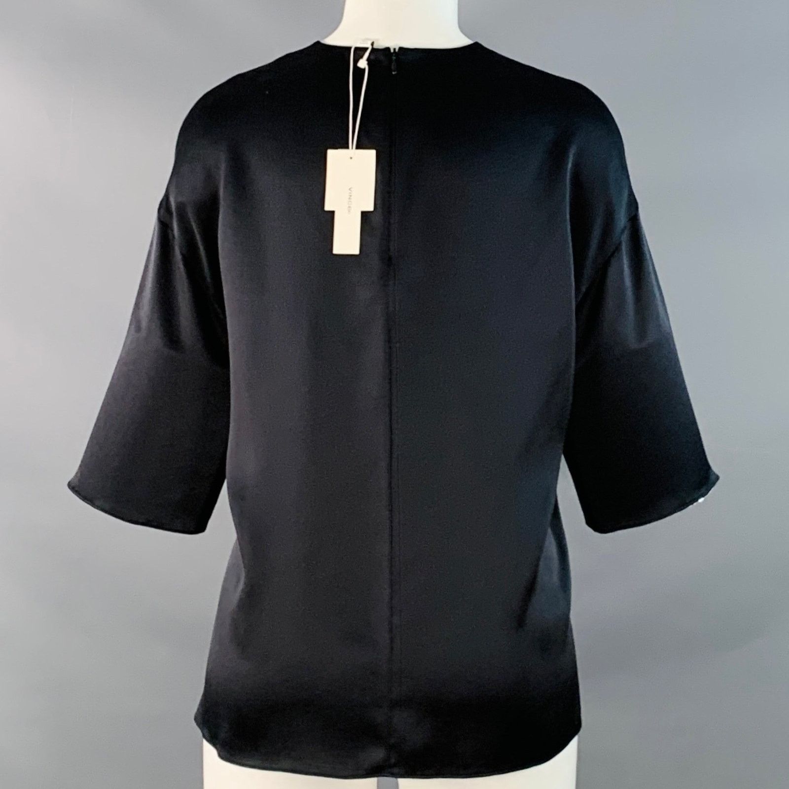 Vince VINCE XS Black Silk Satin Short Sleeve Crew Neck Casual Top Size XS / US 0-2 / IT 36-38 - 3 Thumbnail