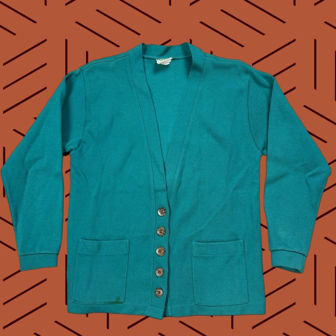 Vintage VINTAGE L.L. BEAN Heavyweight Cotton V-Neck Cardigan Sweater Petites M Teal 90s Womens Size M / US 6-8 / IT 42-44 - 1 Thumbnail