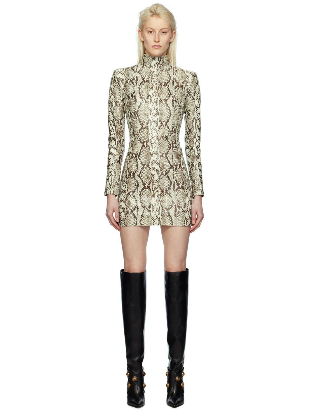 Balmain o1s1wg110825 Snake Embossed Lambskin Dress in Grey/Brown Size XL / US 12-14 / IT 48-50 - 1 Thumbnail
