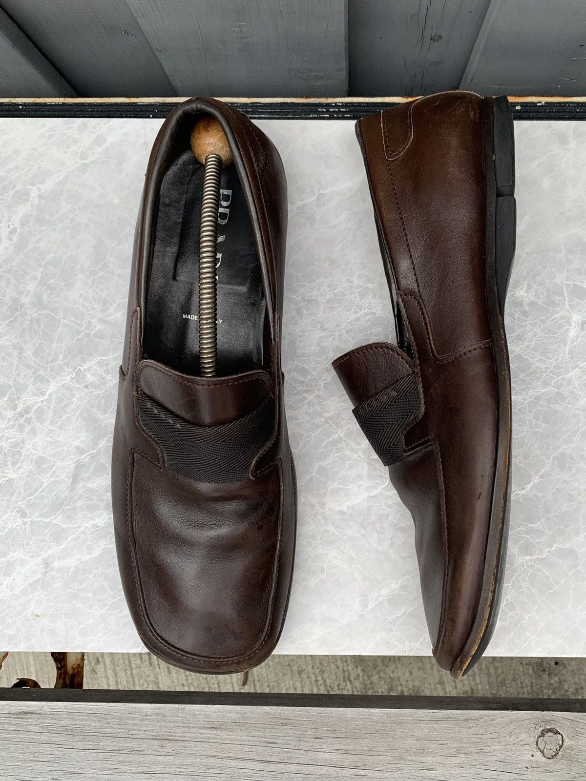 Vintage Prada Loafers Square Toe Leather 90s Mens 10 Slip