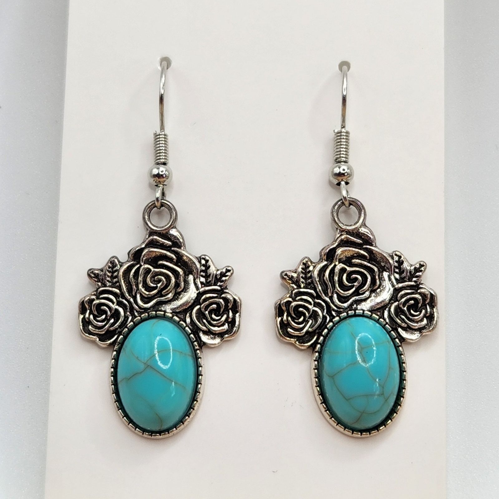 Other Turquoise Stone Rose Dangle Earrings Silver Tone Floral Boho Size ONE SIZE - 1 Thumbnail