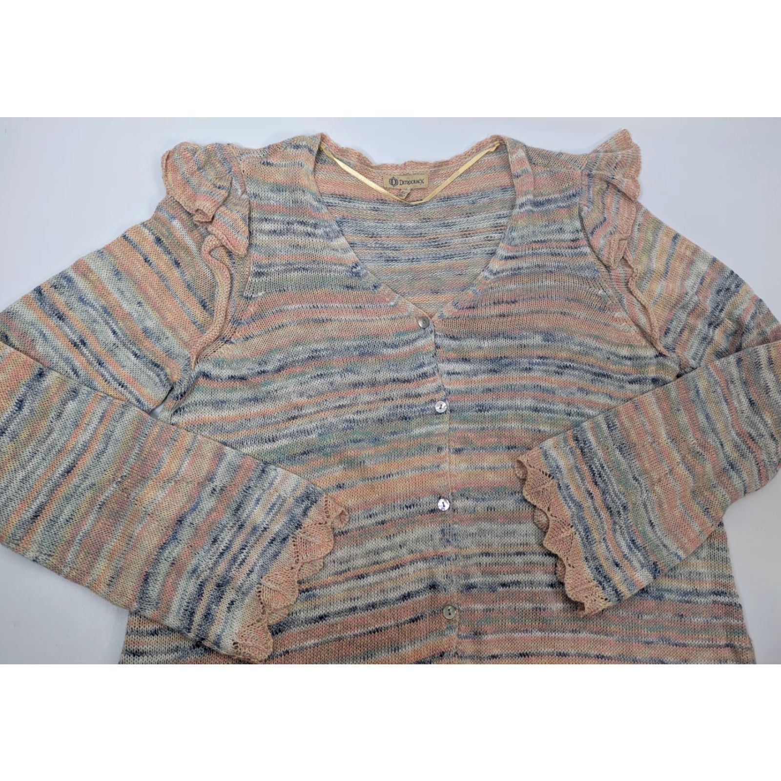 Vintage VINTAGE Democracy V-Neck Cardigan Sweater Heathered Stripe Print Ruffle Shoulders Sz XL Size XL / US 12-14 / IT 48-50 - 2 Thumbnail
