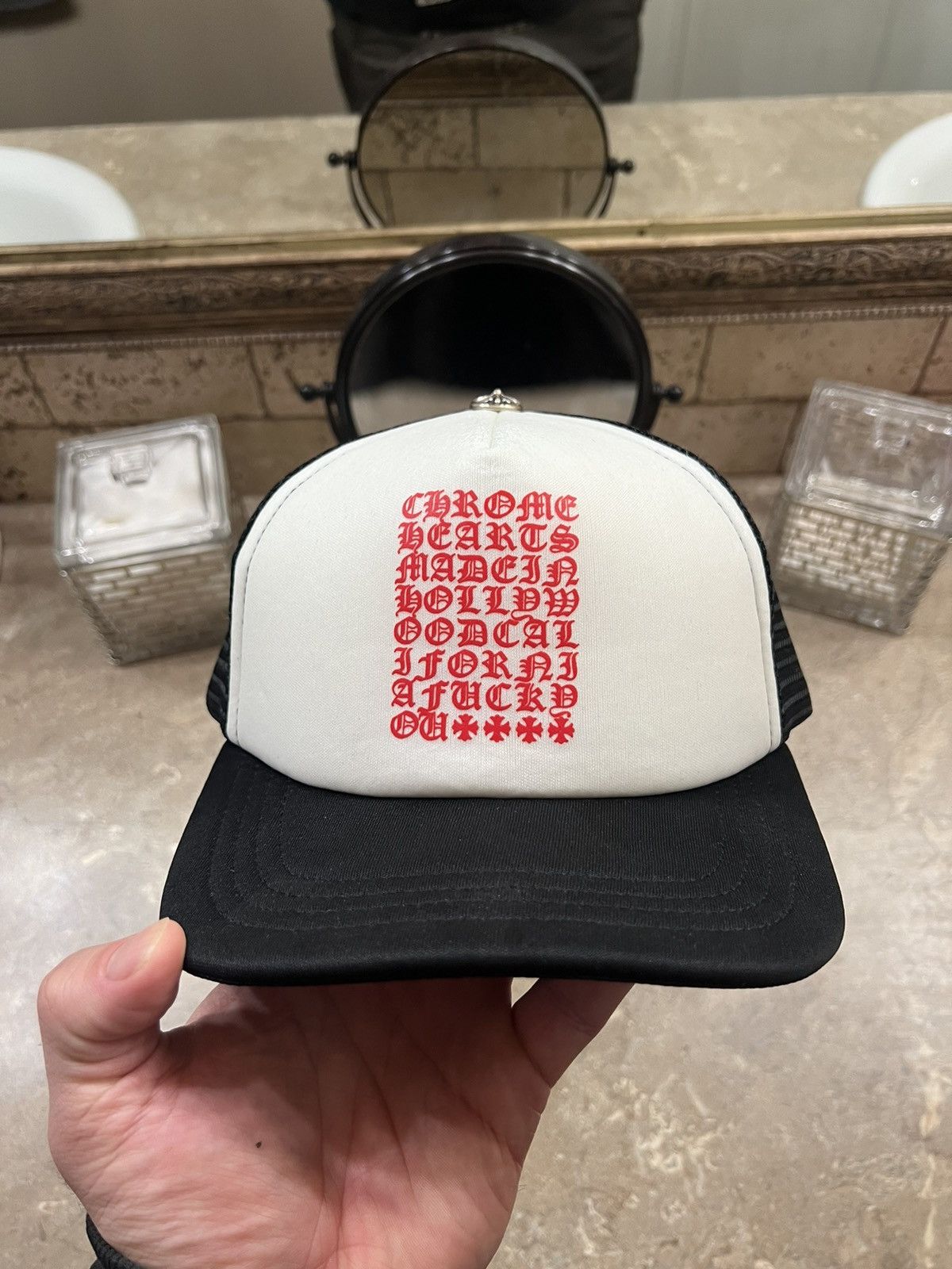 image of Chrome Hearts Eyechart Trucker Hat in Black, Men's