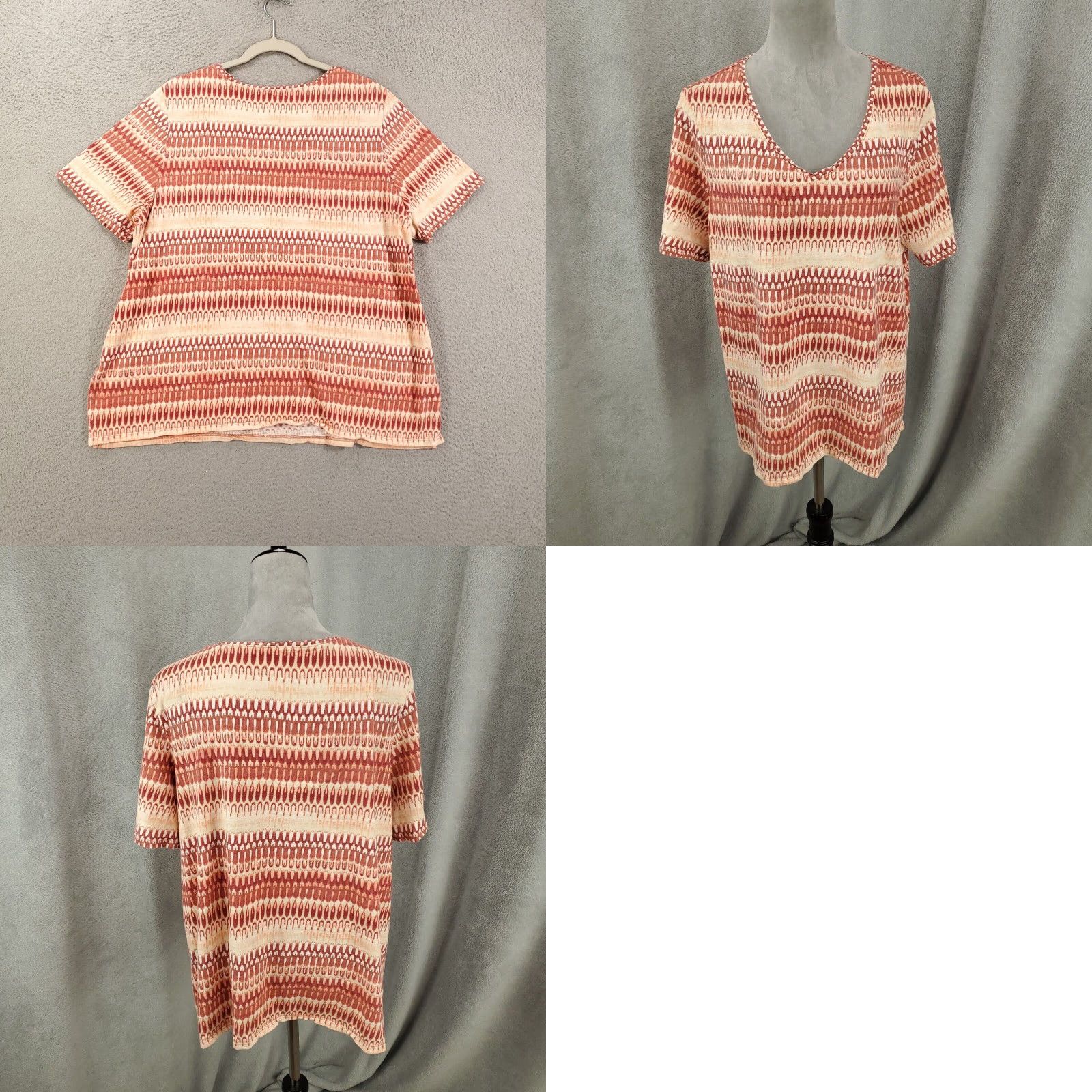 Vintage Chico's Womens Blouse XL Orange Tan Geometric V-Neck Pullover Short Sleeve Cotton Modal Knit Basic Classic Designer All Seasons Size XL / US 12-14 / IT 48-50 - 8 Thumbnail