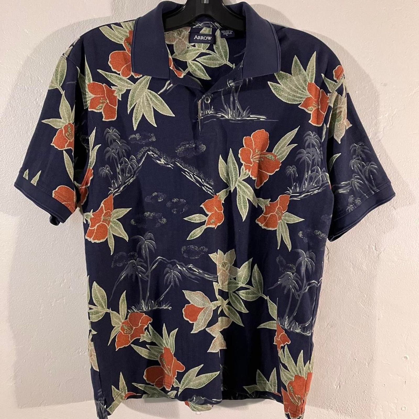 Arrow Arrow Hawaiian Navy Blue Polo Shirt Rayon Blend Large Size US L / EU 52-54 / 3 - 1 Thumbnail