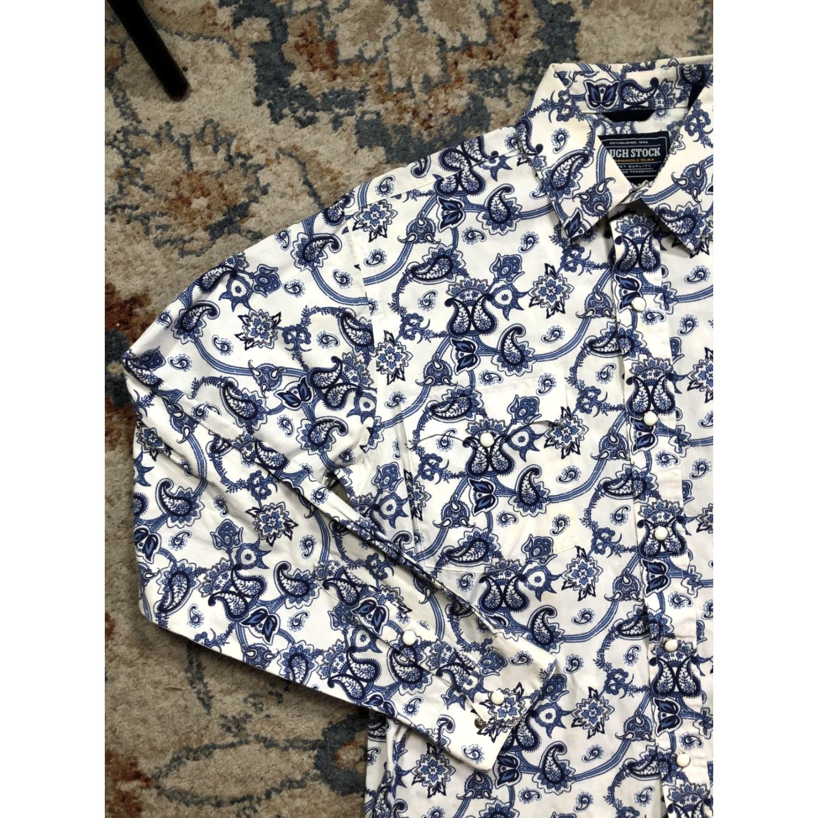 Vintage Rough Stock Shirt Mens Small Blue Paisley Western Pearl Snap Cowboy Long Sleeve Size US S / EU 44-46 / 1 - 3 Thumbnail