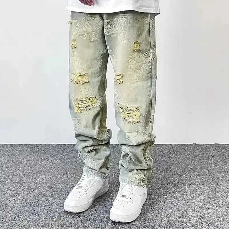 Japanese Brand Distressed Hole Ripped Washed Paisley Full Print Jeans Pant Size US 32 / EU 48 - 2 Thumbnail