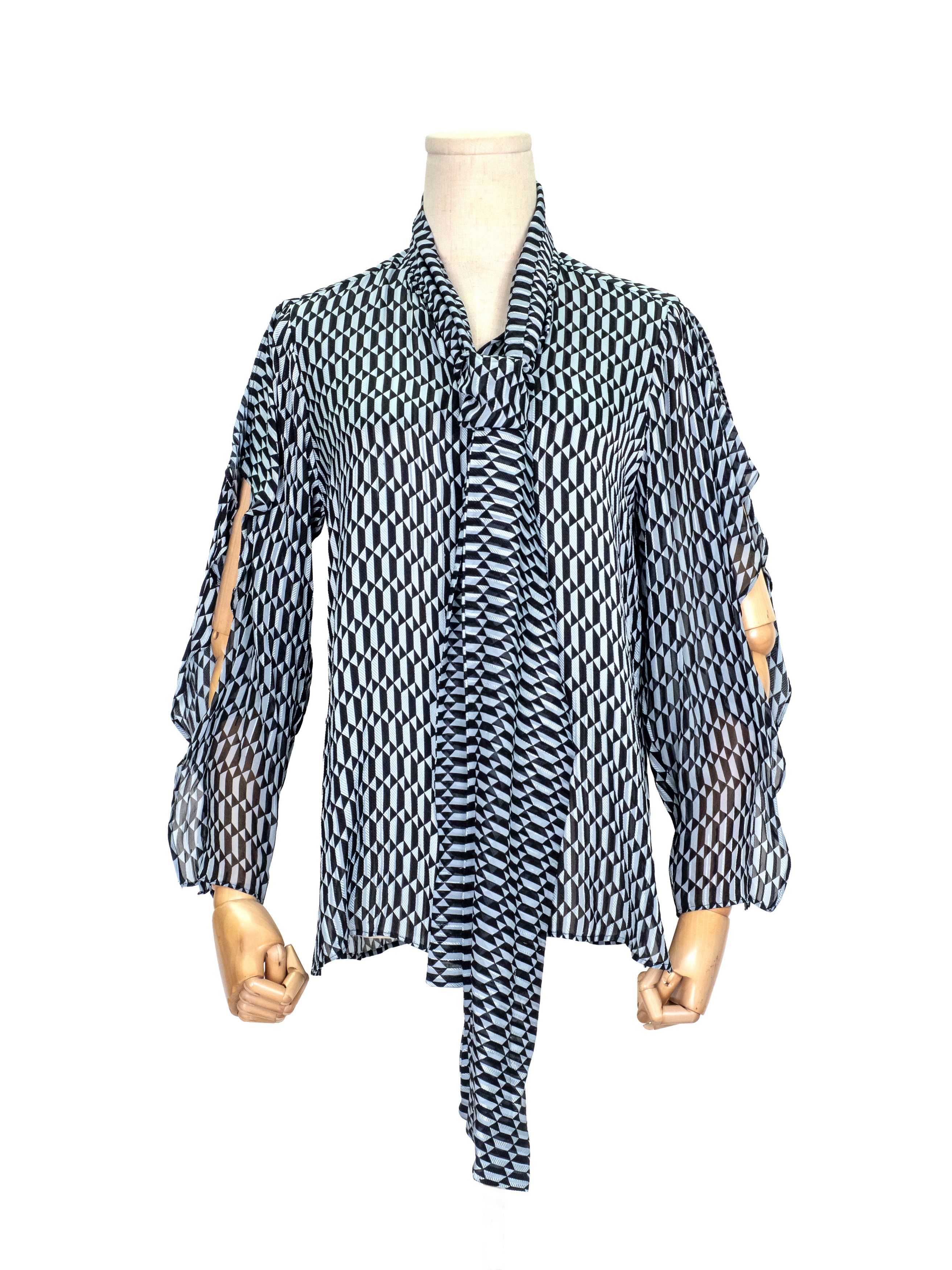 Fendi Fendi Black Grey Geometric Printed Silk Shirt with Neck Wrap Size XS / US 0-2 / IT 36-38 - 1 Thumbnail