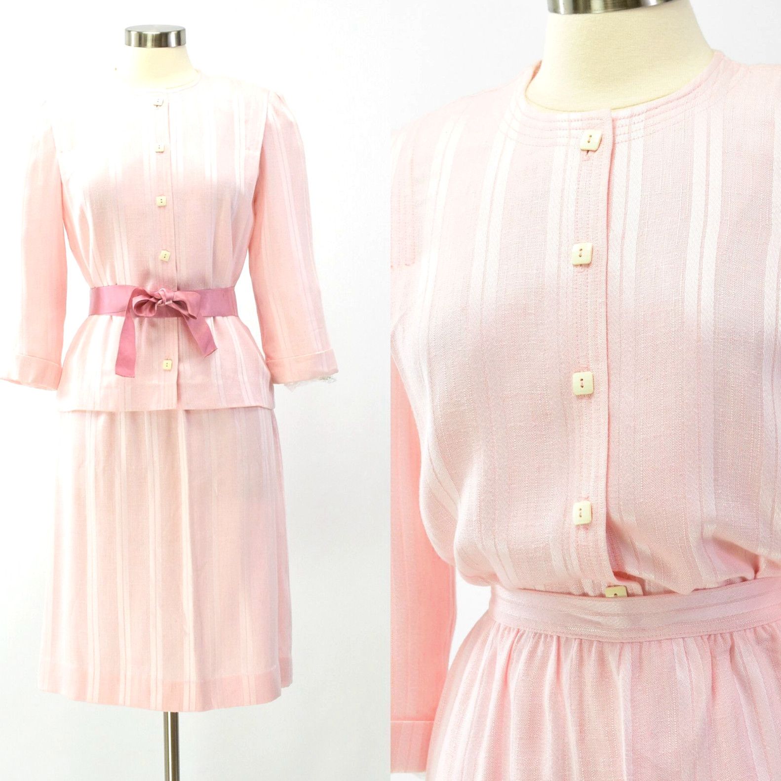 image of 70's Vintage Womens 10P Pink Textured Striped Skirt Set Outfit Leslie Fay Petites in White