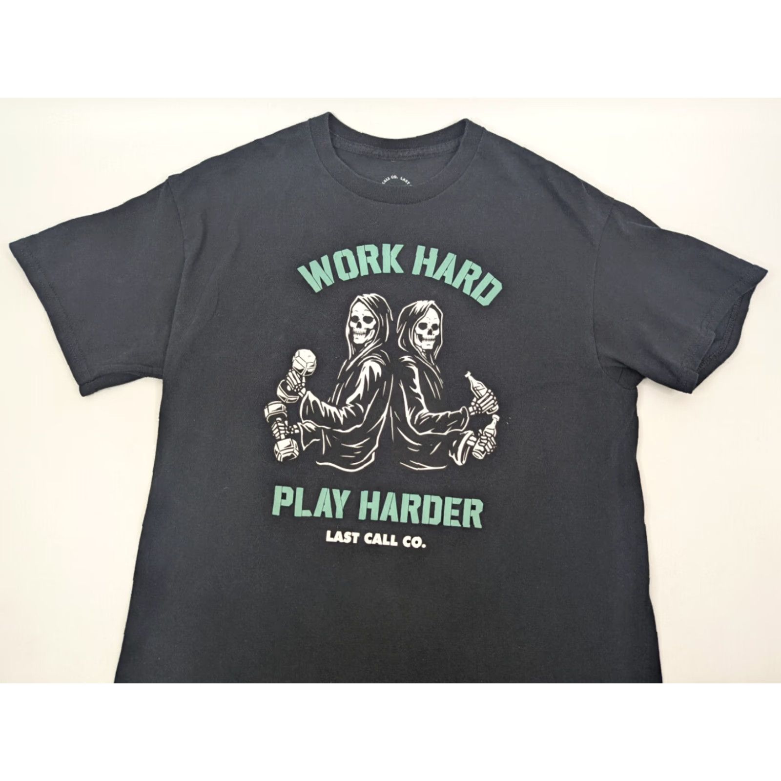Vintage Last Call Co. T Shirt Men’s Medium Black Short Sleeve Work Hard Play Harder Graphic Print Crew Neck Logo Shirt Mens Black 90s? Size US M / EU 48-50 / 2 - 2 Thumbnail