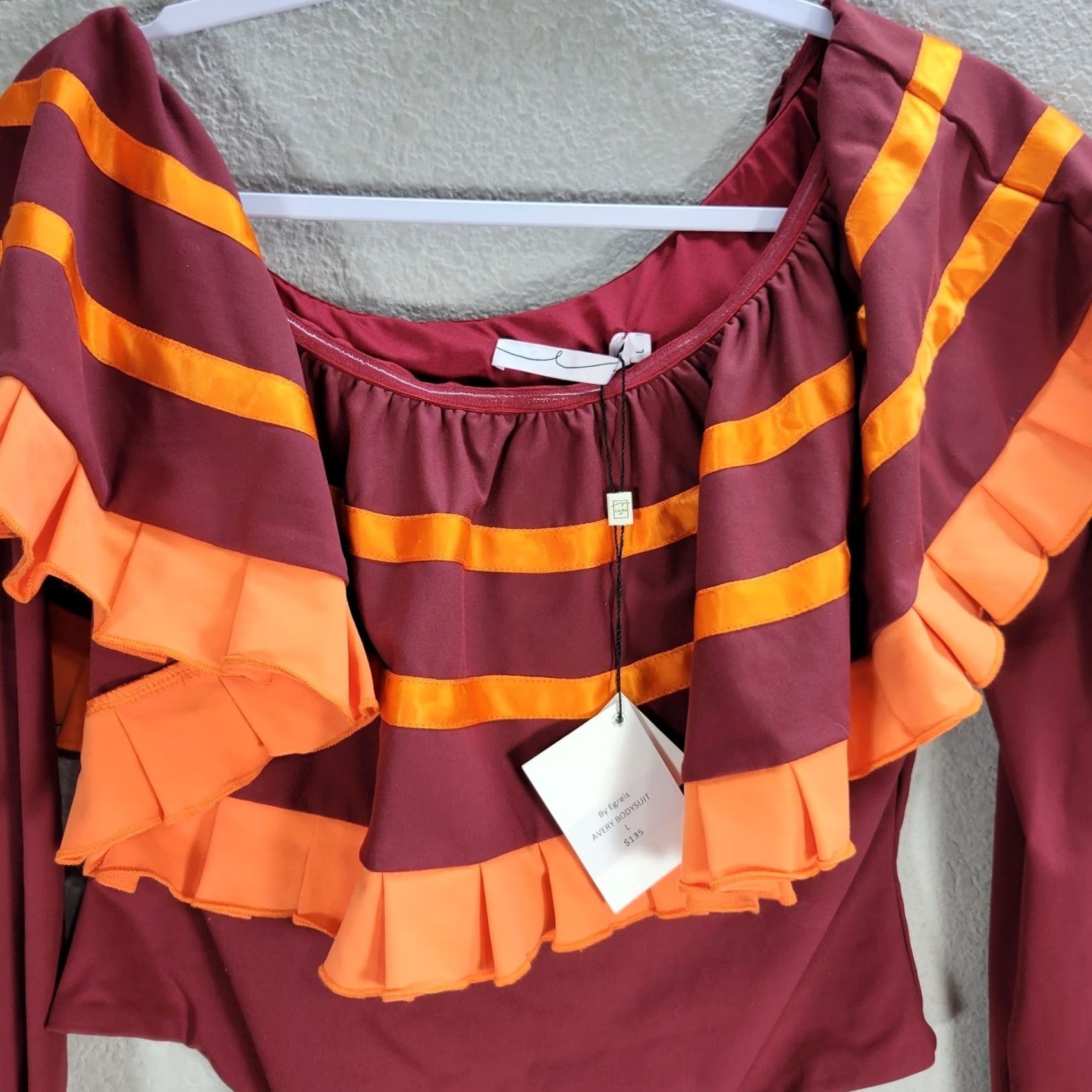 Vintage Women's By Egreis Bodysuit Orange Burgundy Ruffle Long Sleeve Lined Sz L Bodysuit Shirt Womens Size L / US 10 / IT 46 - 4 Thumbnail