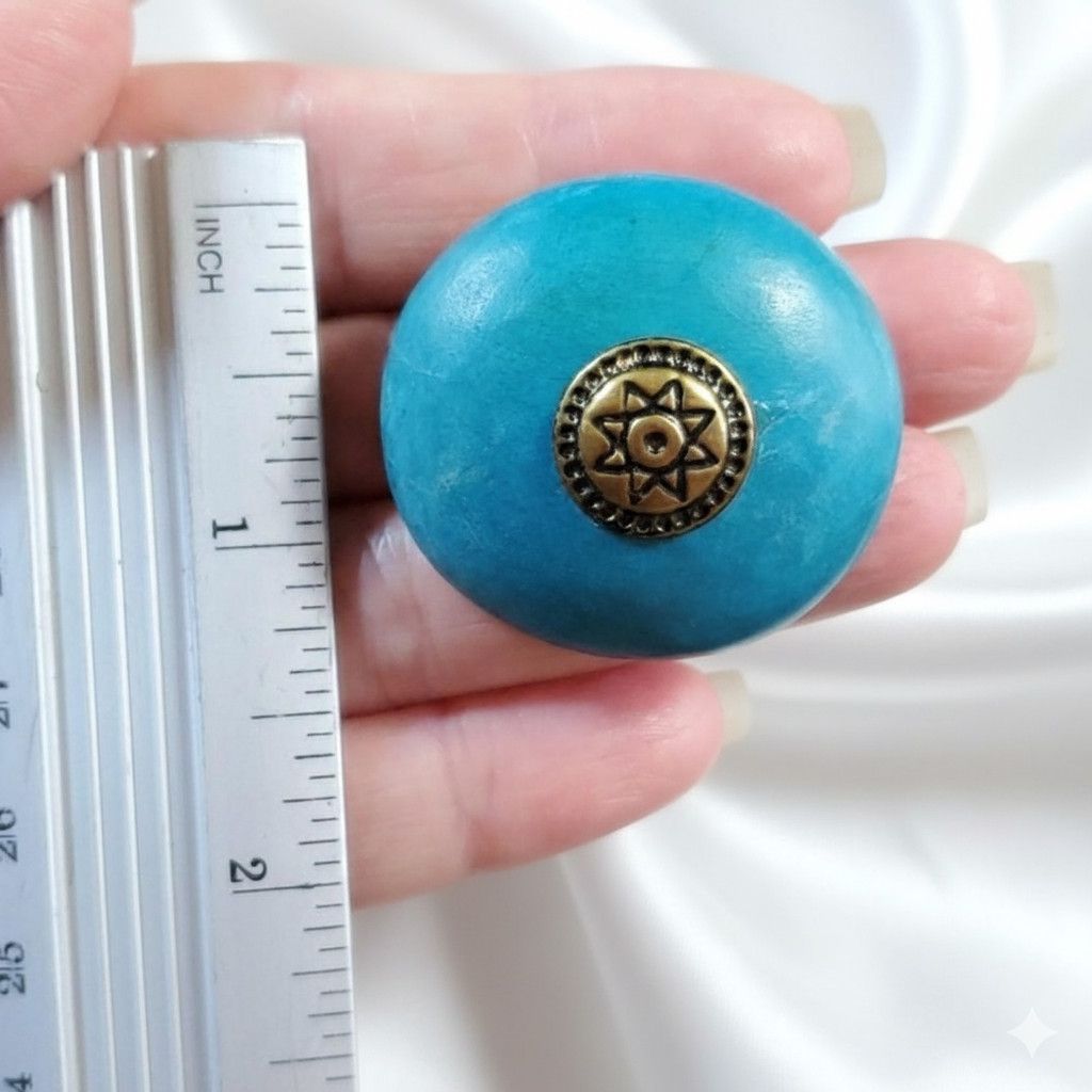 Handmade Artistic Button Earrings Clip On Turquoise Wood Brass Paint Size ONE SIZE - 8 Thumbnail