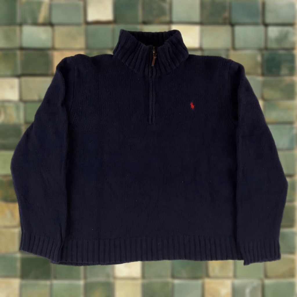Polo Ralph Lauren Sweater 1/4 Zip Cotton Blue Banded Ribbed Collar Mens XL Blue