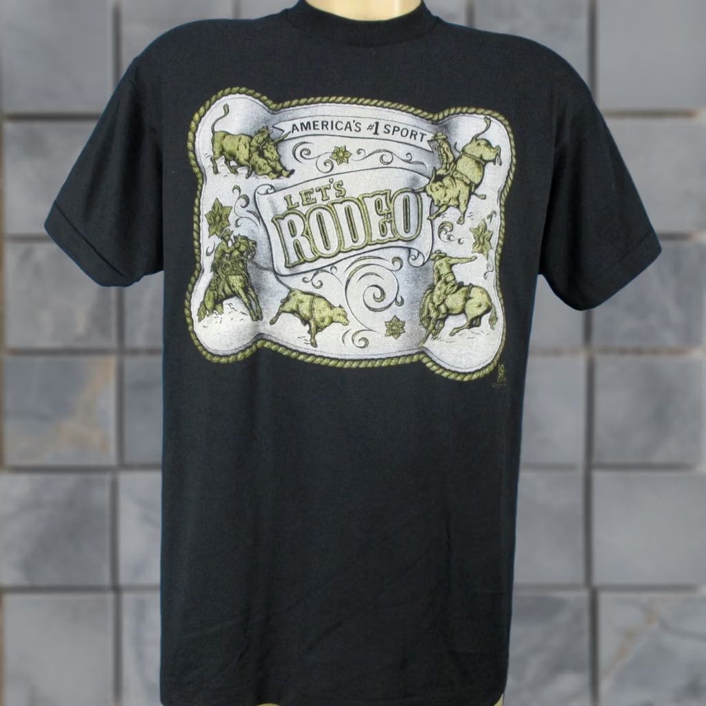 Vintage VINTAGE Screen Stars T-Shirt Large Black COWBOY LET’S RODEO 80s horse bull buckle Mens Size US L / EU 52-54 / 3 - 1 Thumbnail