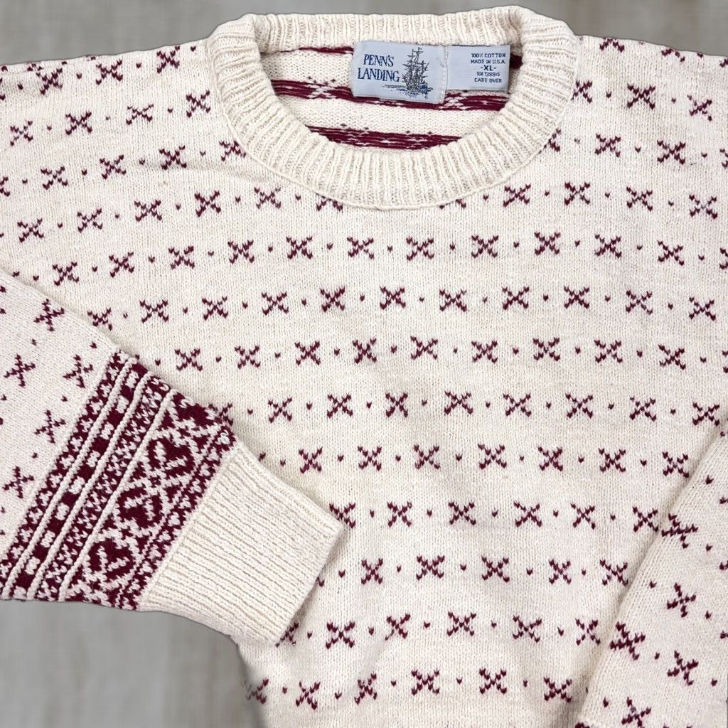 Vintage VINTAGE Penn's Landing Sweater Men XL White Red Geometric Knit Pullover Casual 80s 90s Size US XL / EU 56 / 4 - 1 Thumbnail