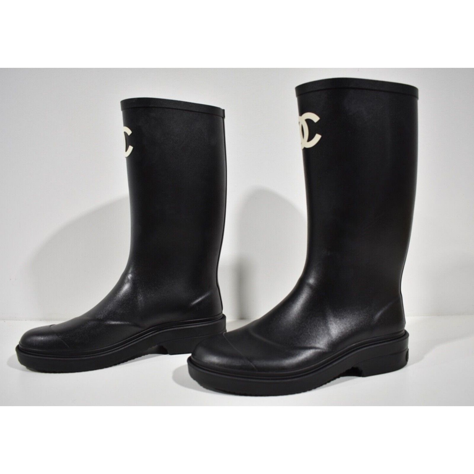 Chanel REV Black White CC Logo High Rubber Rain Boots 35