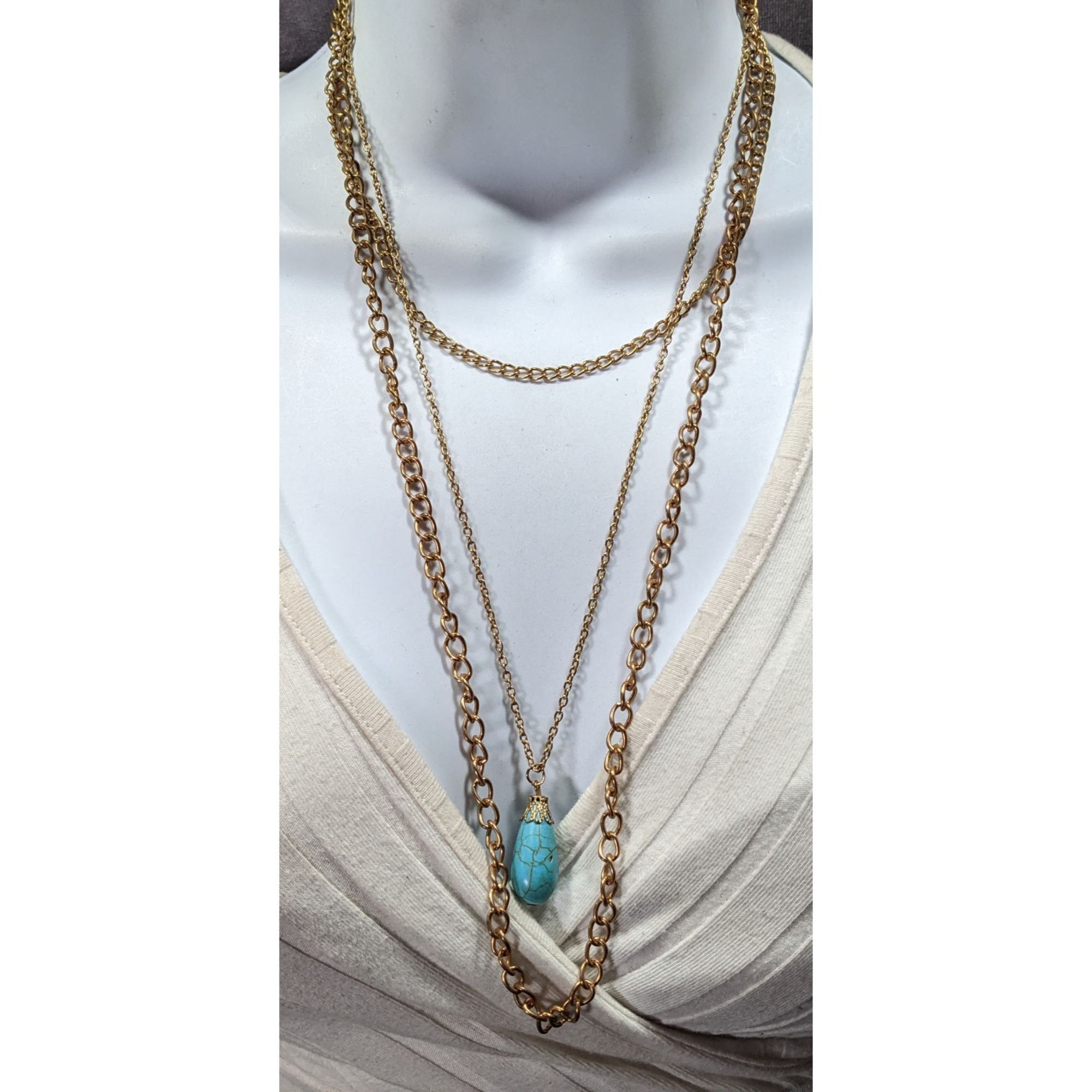Other Bohemian Multilayer Faux Turquoise Gold Tone Chain Necklace Size ONE SIZE - 2 Thumbnail