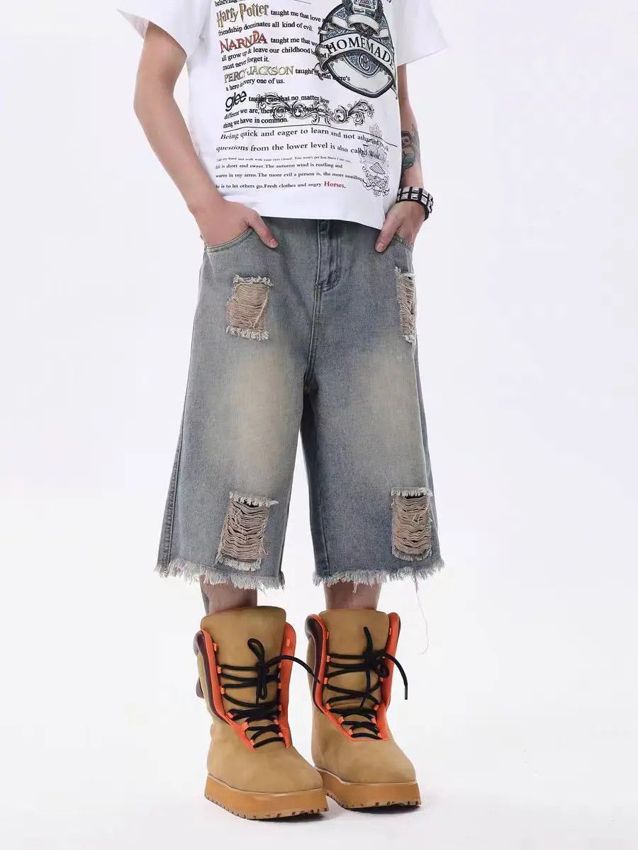 Japanese Brand × Jean Vintage ripped loose denim shorts Size US 33 - 1 Thumbnail