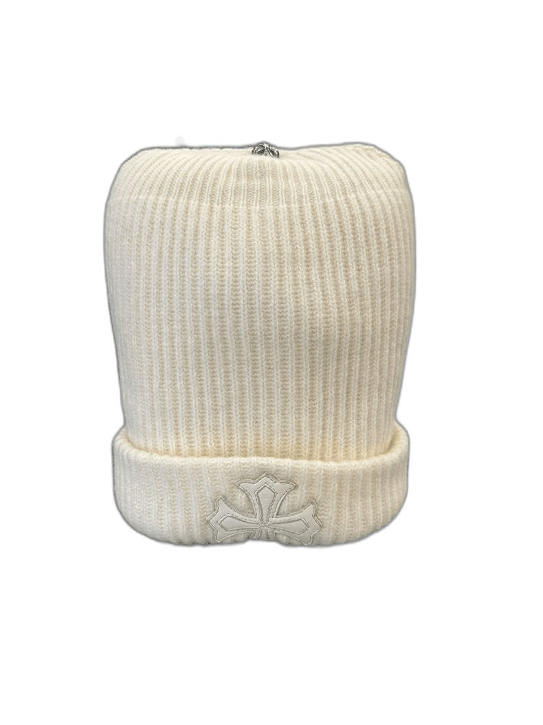 Chrome Hearts White Wool Beanie With Cross Silver Jewelry And Leather, Men's