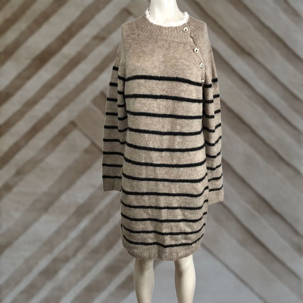 Vintage Striped Sweater Dress Women Casual Warm Tan Black SZ XL Long Sleeve Round Neck Knit Pullover Button Accents Bohemian Oversized Fall Winter Size XL / US 12-14 / IT 48-50 - 1 Thumbnail