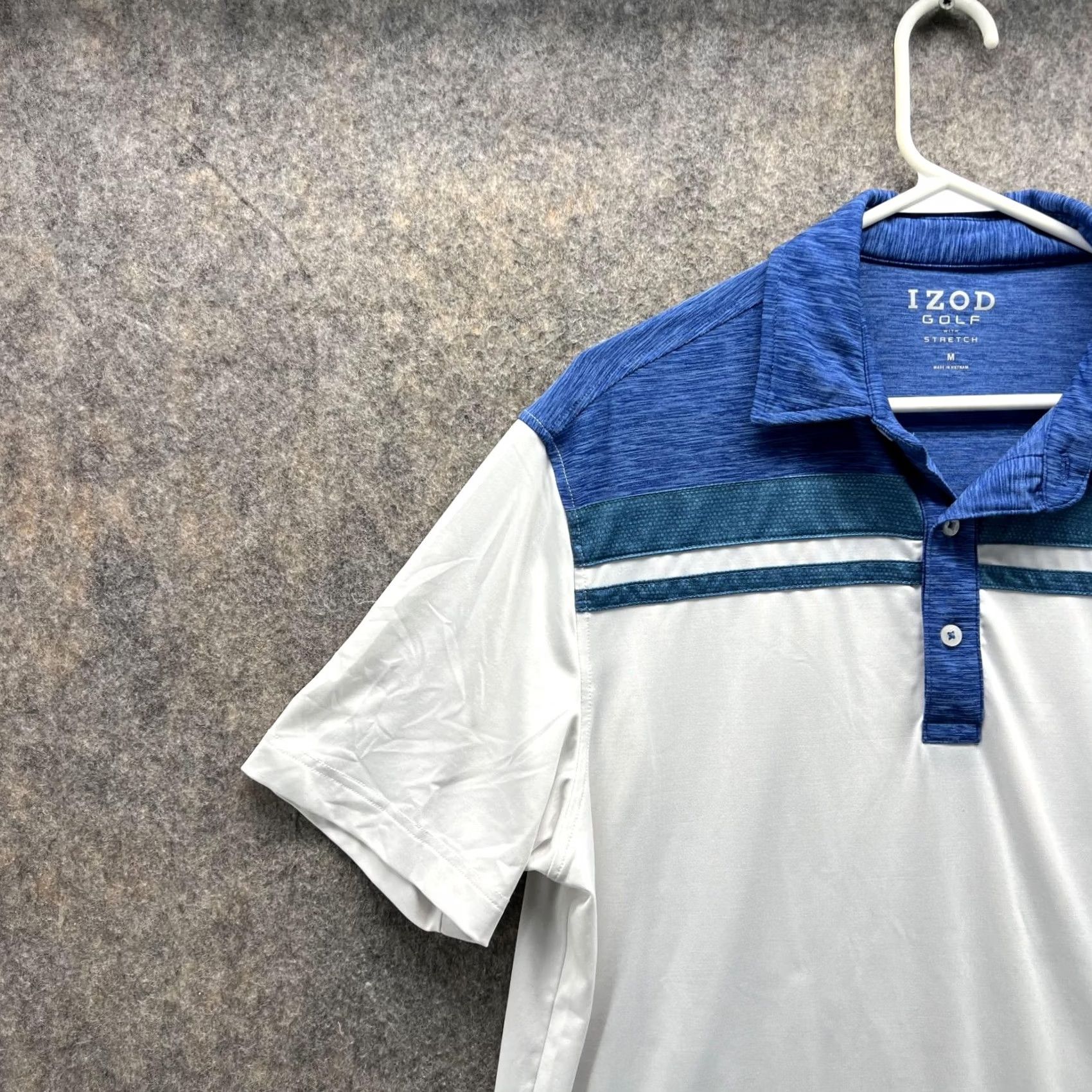 Izod Izod Polo Shirt Men Medium Adult Blue White Golf Stretch Athletic Polo Shirt Regular Fit Short Sleeve Solid White 44 in Chest Mens Polo Size US M / EU 48-50 / 2 - 3 Thumbnail