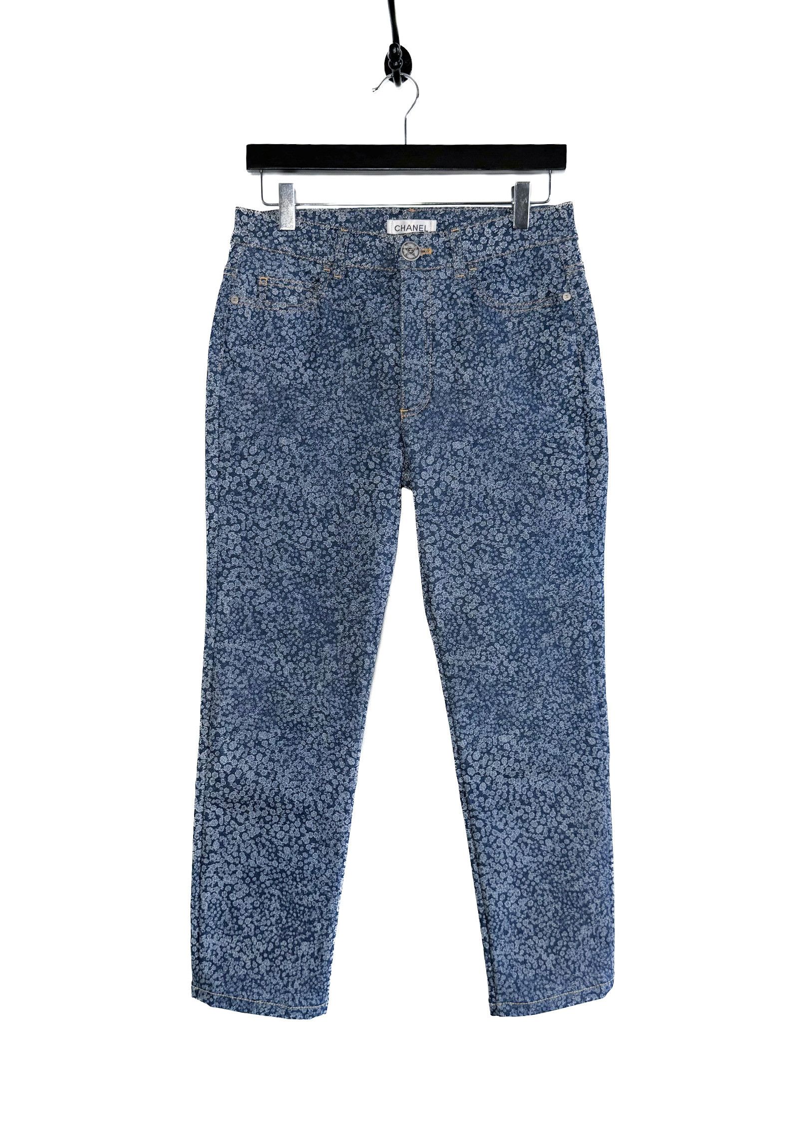 image of Chanel 2021 Mini Cc Camelia Print Blue Denim Jeans, Women's (Size 28)