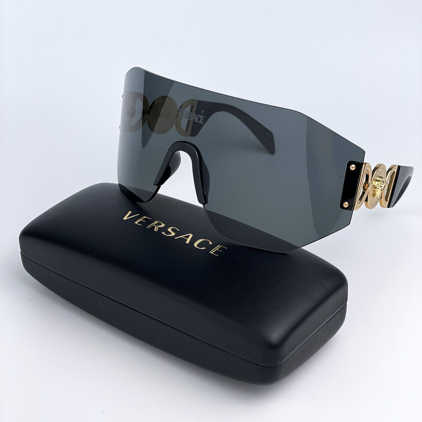 image of New Versace Ve2258 100287 Shield Unisex Sunglasses in Dark Gray/Grey, Women's