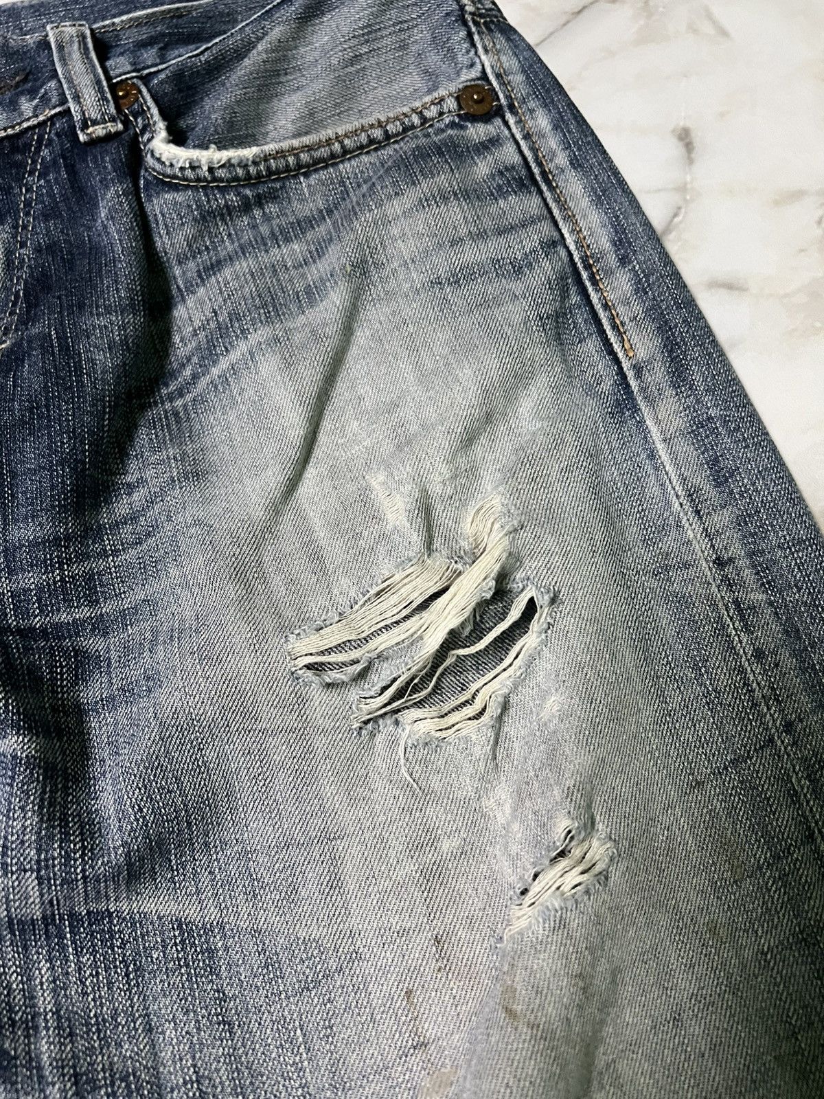 Edwin × If Six Was Nine × Japanese Brand VINTAGE EDWIN 503 BLUE TRIP DISTRESS JEAN Size US 31 - 7 Thumbnail