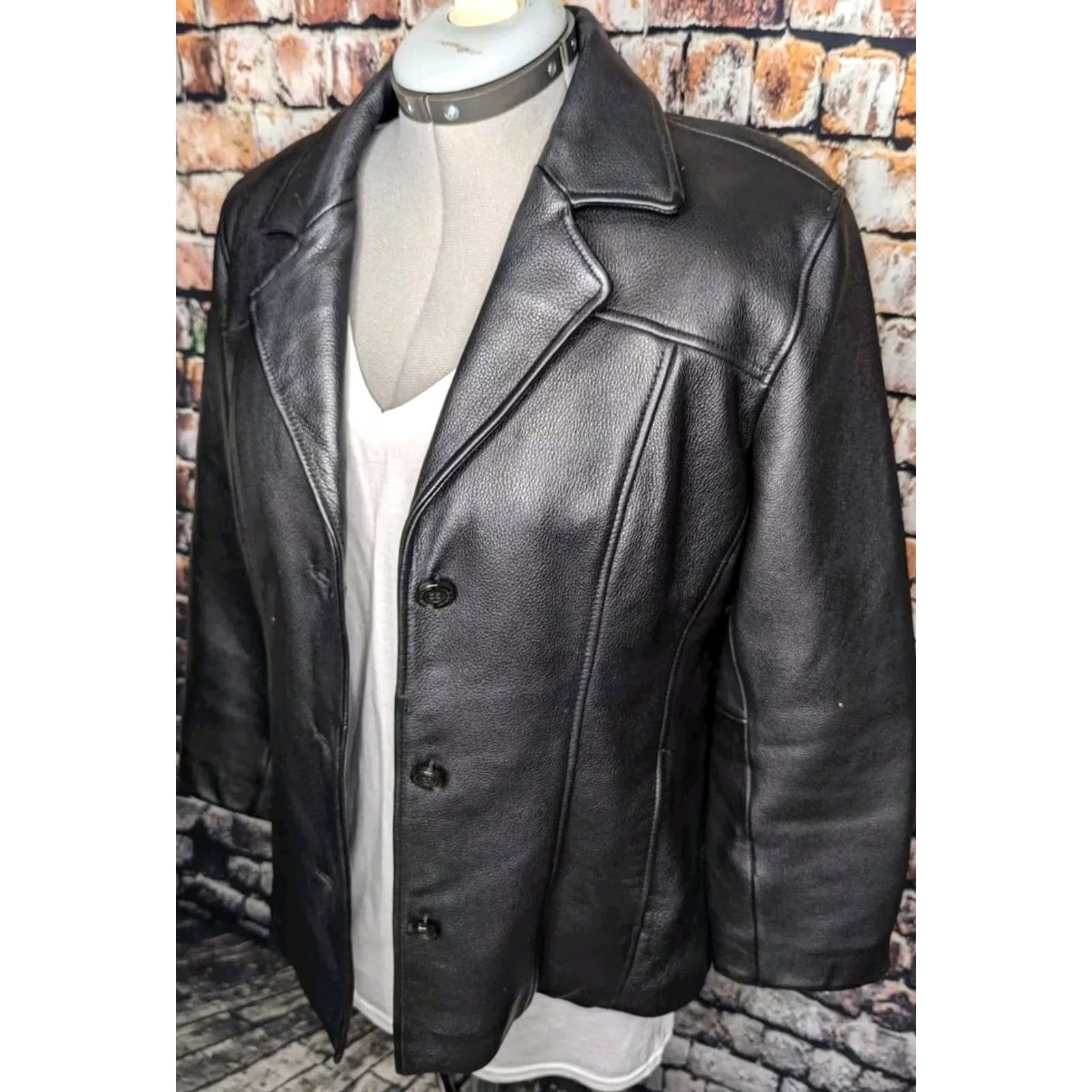 Vintage Wilsons Leather Womens Jacket Large Black Button Heavy Duty Car Church Coat Size L / US 10 / IT 46 - 3 Thumbnail