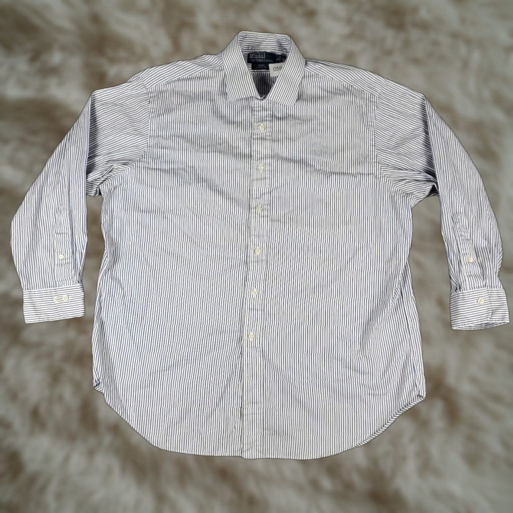 Ralph Lauren VINTAGE Ralph Lauren Dress Shirt Mens Size 17.5 Blue Striped Long Sleeve Business Casual Formal Men's Size 46R - 1 Thumbnail