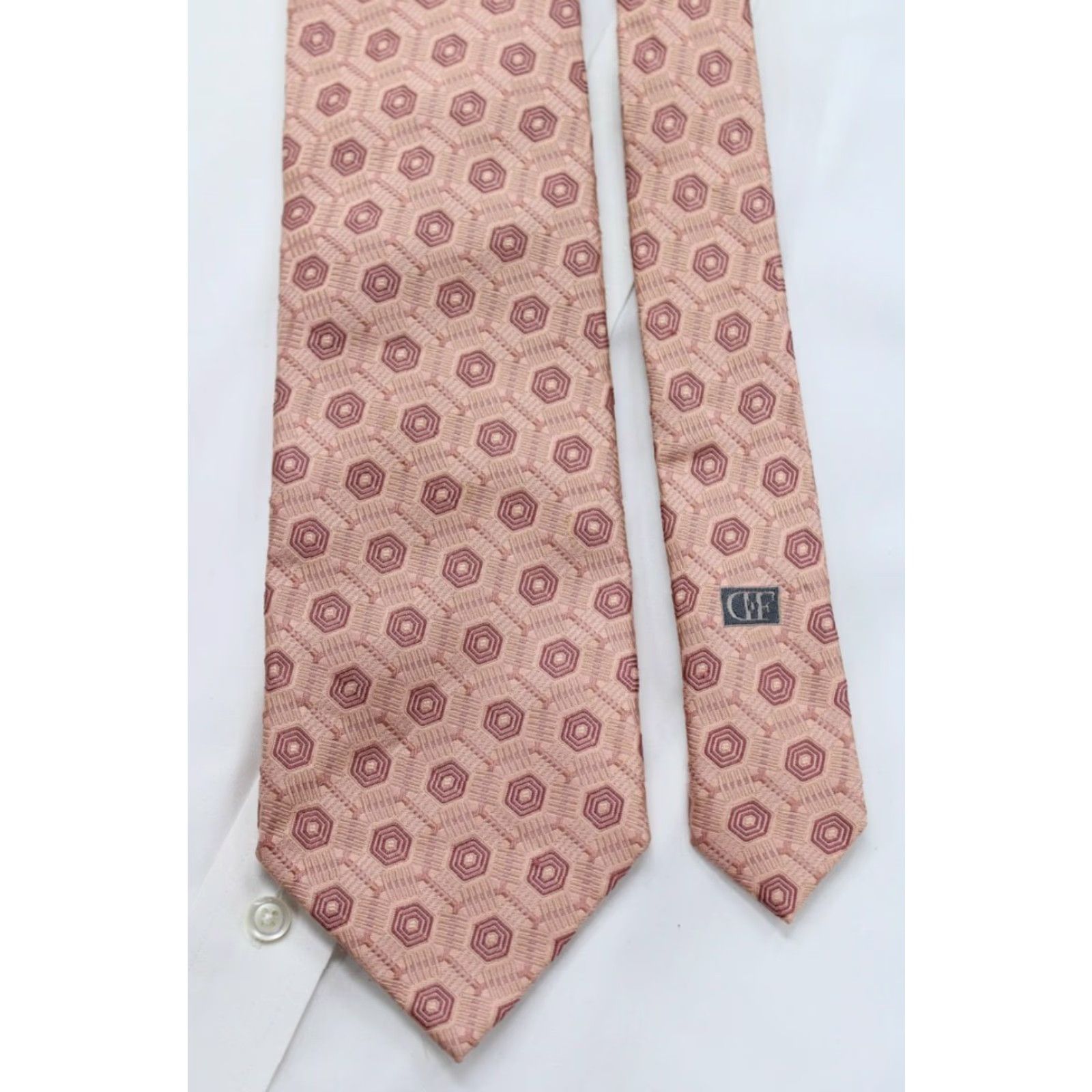 Vintage Daniel de Fasson Trifold Necktie Men's Peachy-Pink 58" x 4" Designer Silk Tie Geometric Pattern Money Stylish Size ONE SIZE - 2 Thumbnail
