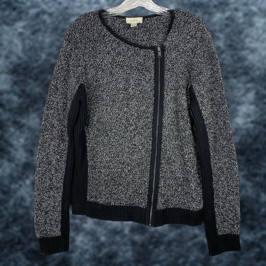 Loft LOFT Cardigan Sweater Womens L Black 100% Cotton Full Zip Zipper Tweed Speckled Size L / US 10 / IT 46 - 1 Thumbnail