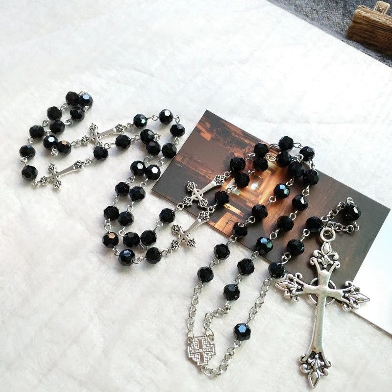 Jewelry Black Crystal Rosary Necklace Long Cross Pendant Size ONE SIZE - 5 Thumbnail