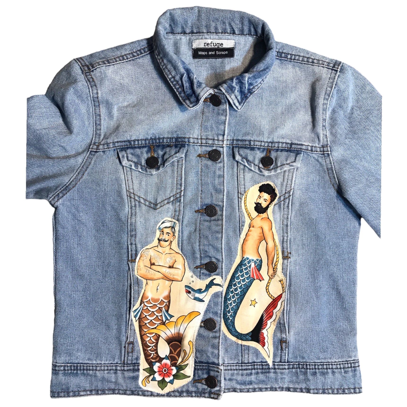 Denime REFUGE Blue Denim Jean Jacket Patches Womens Medium Mermaid Sailor Color Blue Size 32" / US 10 / IT 46 - 3 Thumbnail