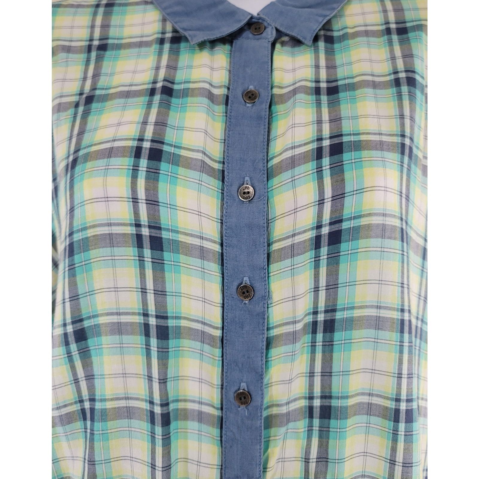 Lee Lee Blue Green Plaid Button Up Shirt Large Blue Solid Sleeve Size L / US 10 / IT 46 - 2 Thumbnail