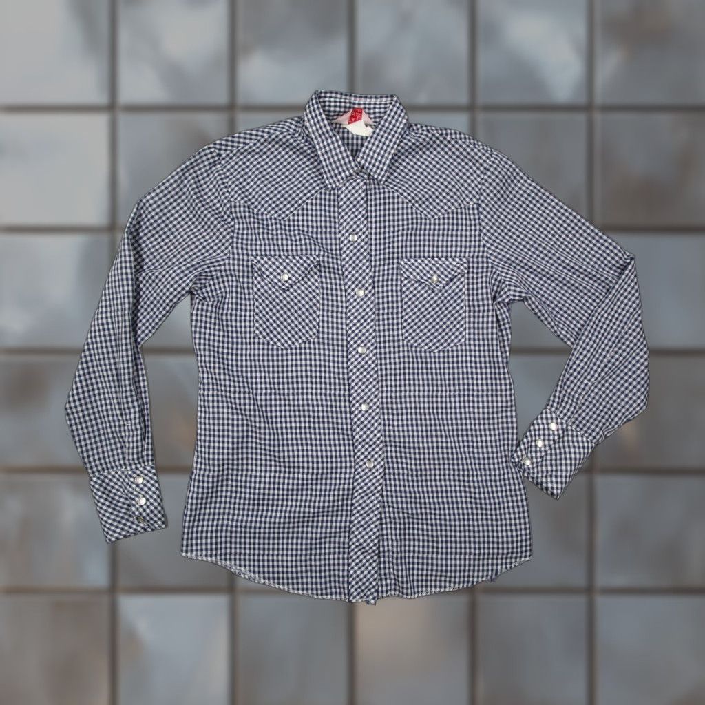 Vintage VINTAGE H Bar C Women’s Blue Check Button-Up Shirt Casual Western Yoke Pearl Snaps 70s Size XS / US 0-2 / IT 36-38 - 1 Thumbnail