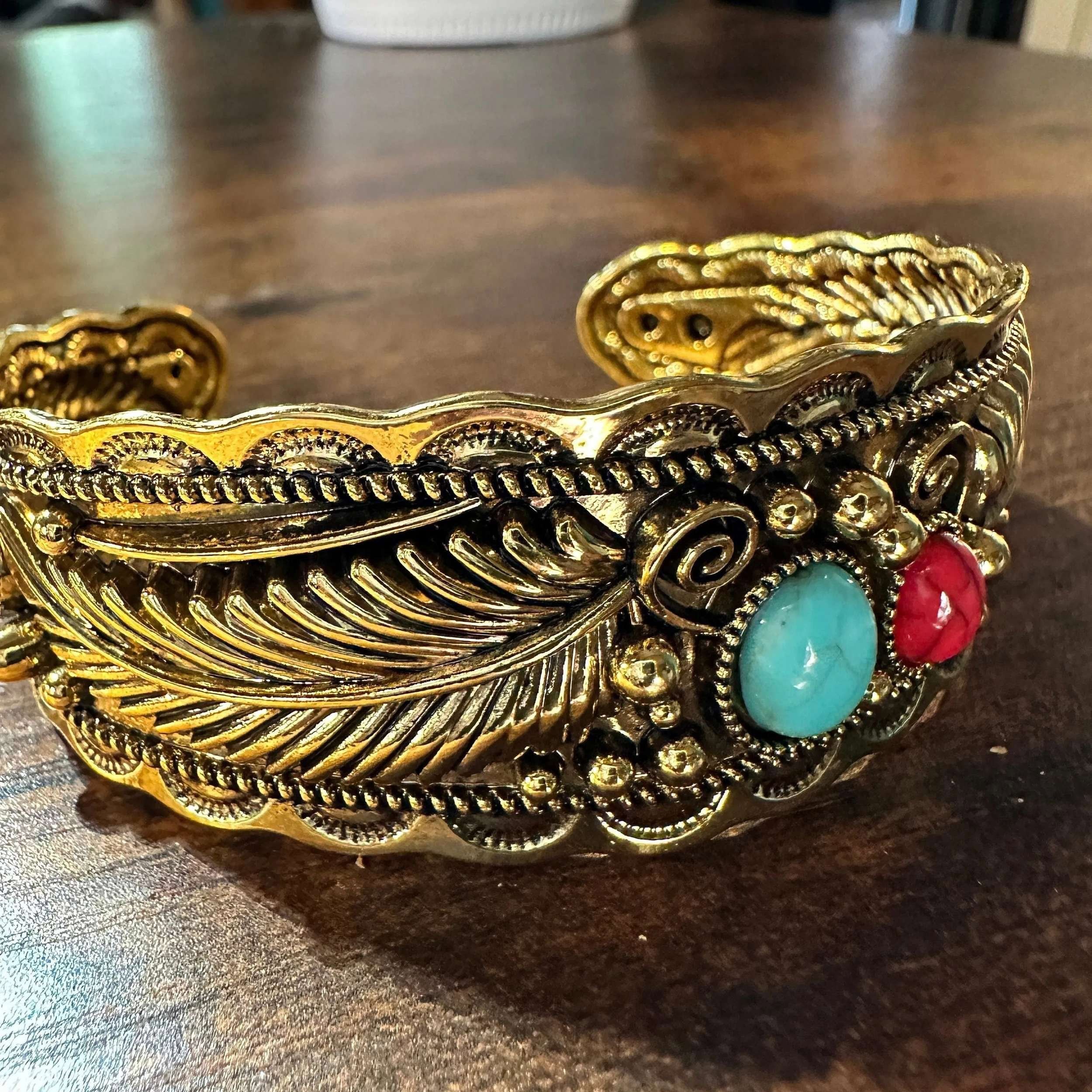 Other Handcrafted Boho Native American Bracelet, Gold Plated Turqu Size ONE SIZE - 3 Thumbnail