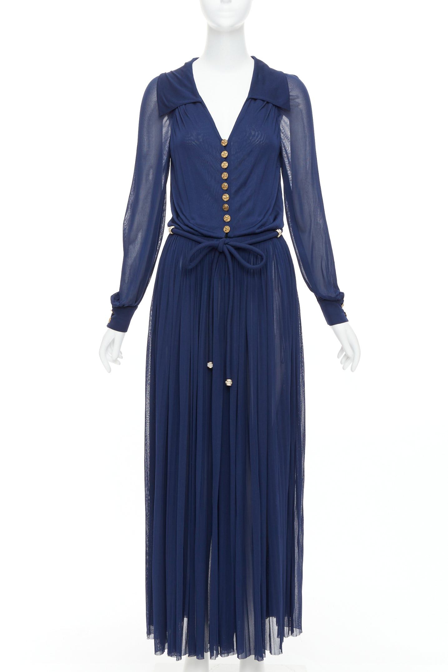 Chanel CHANEL 2017 Runway navy gold CC owl logo buttons pleated belted dress FR36 S Size S / US 4 / IT 40 - 1 Thumbnail