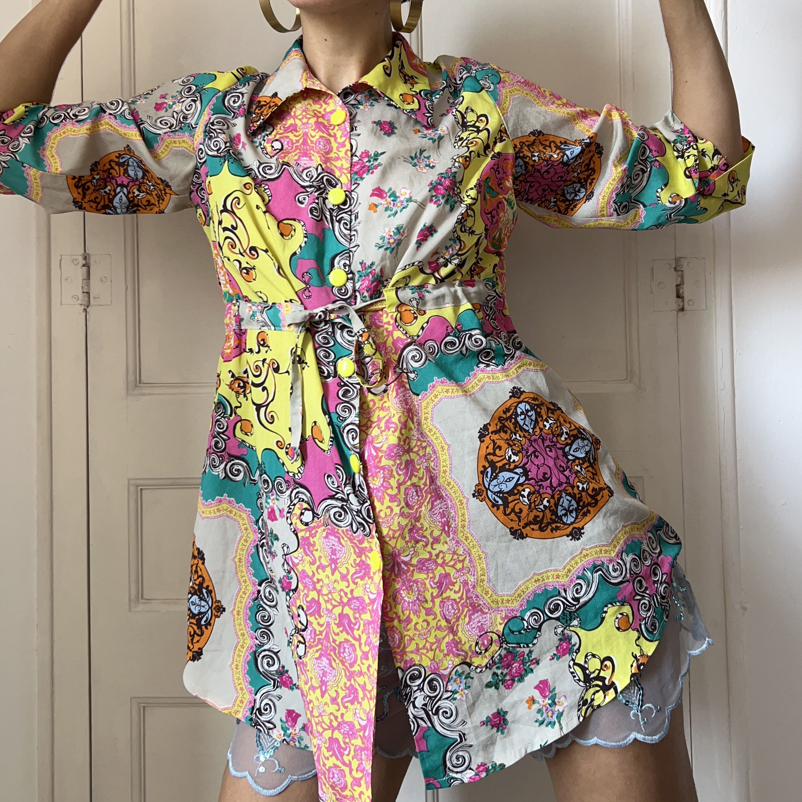 Vintage Y2K Baroque Print Shirt Dress Size L / US 10 / IT 46 - 5 Thumbnail