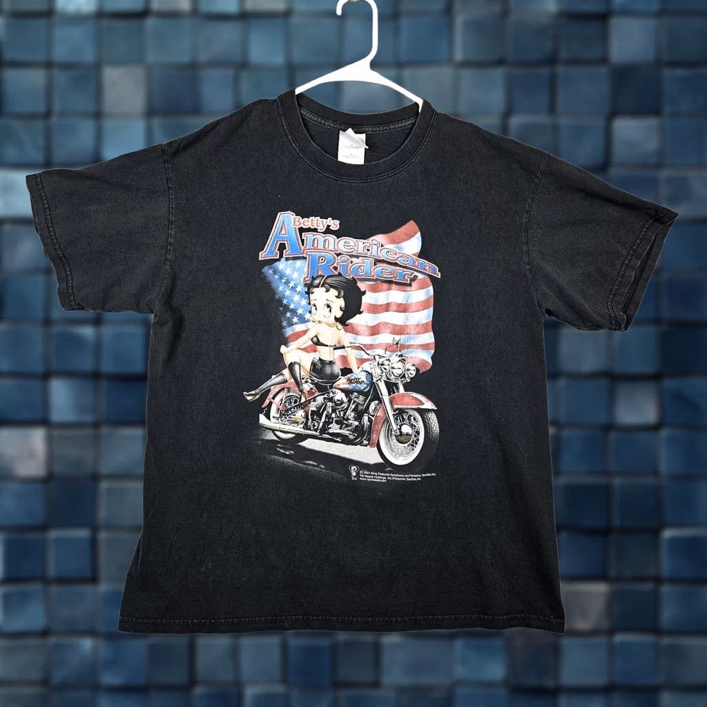 Gildan VINTAGE Betty Boop 2001 Betty's Motorcycle Graphic American Rider Biker Tee Sz L Shirt Mens Black Cotton Short Sleeve T-Shirt Gildan Heavy Cotton Size US L / EU 52-54 / 3 - 1 Thumbnail