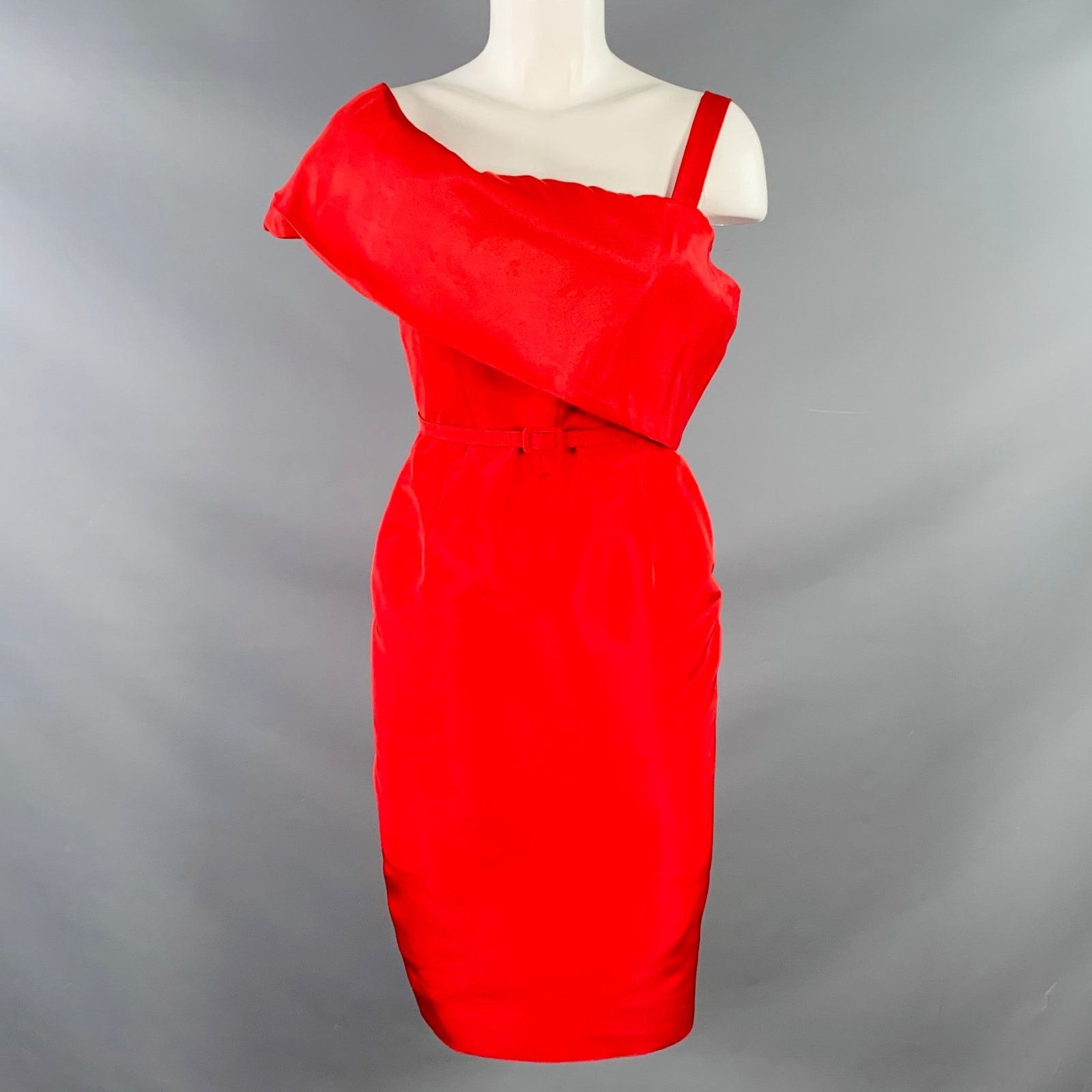 Oscar De La Renta Red Silk Taffeta One Shoulder Knee Length Cocktail Dress Size M / US 6-8 / IT 42-44 - 1 Thumbnail