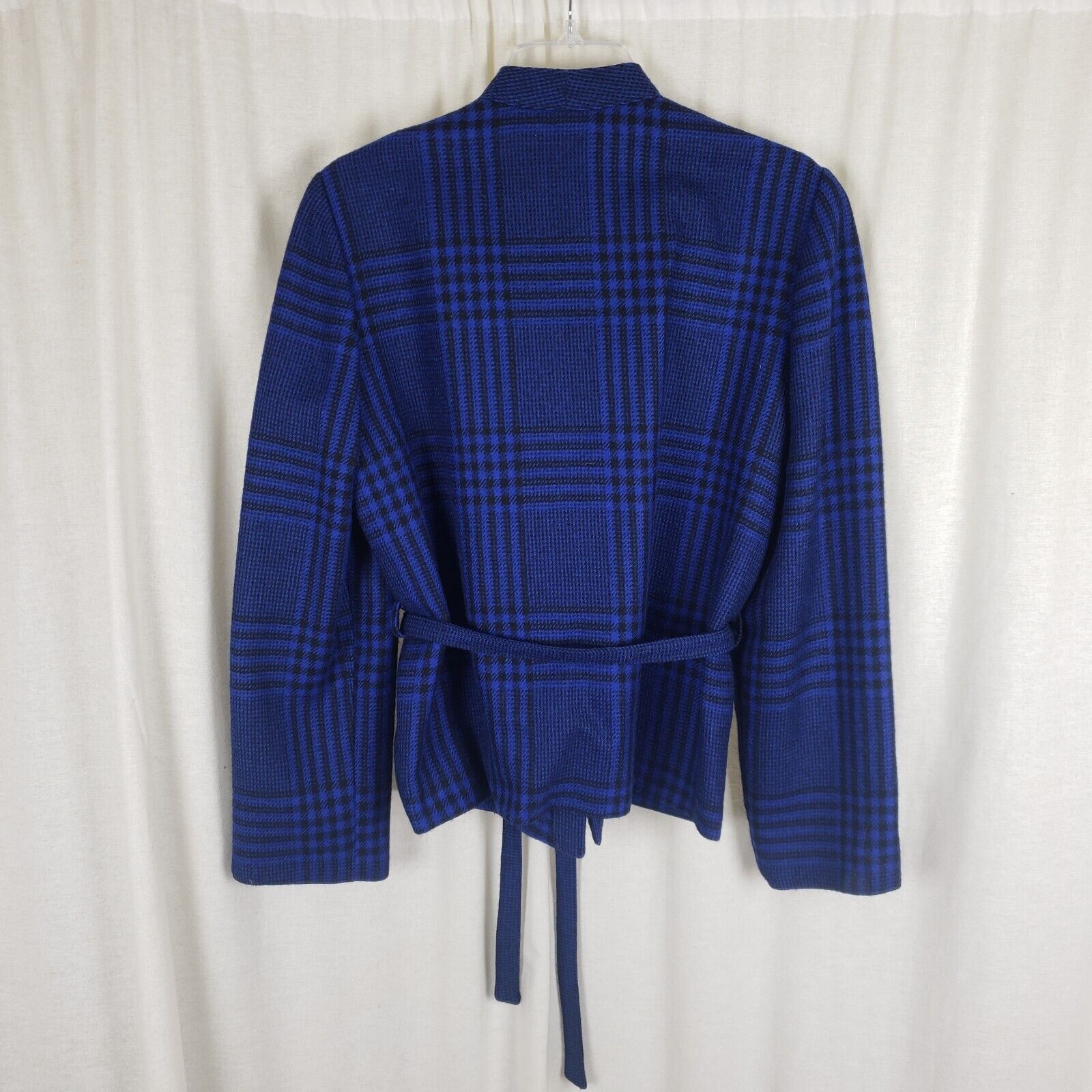Vintage Vtg Cobalt Plaid Draped Collar Tie Wrap Jacket Blazer France Size L / US 10 / IT 46 - 4 Thumbnail