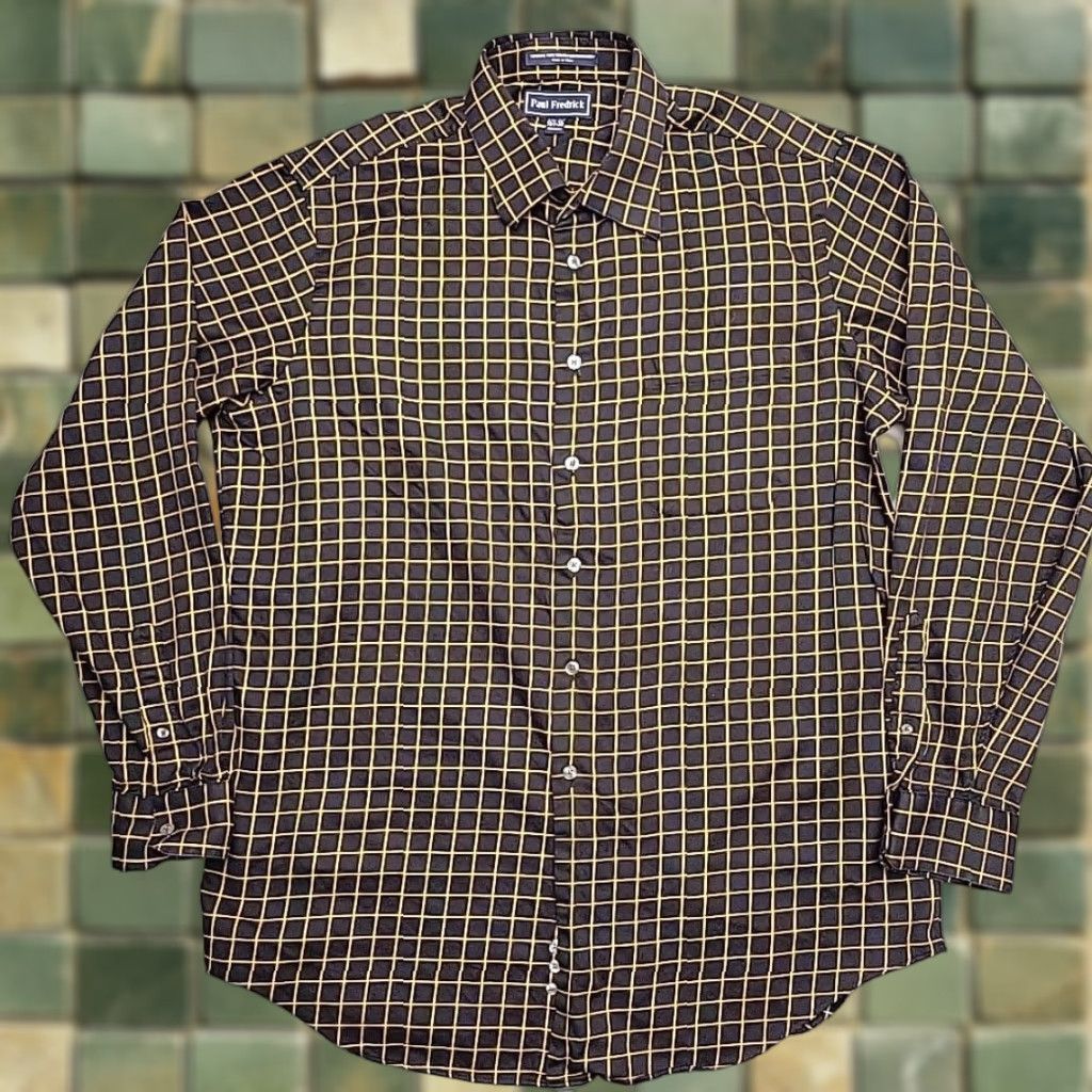 Vintage VINTAGE Paul Fredrick Shirt Mens 16.5 36 Black Gold Windowpane 100s 2 Ply Cotton Dress Size 46R - 1 Thumbnail