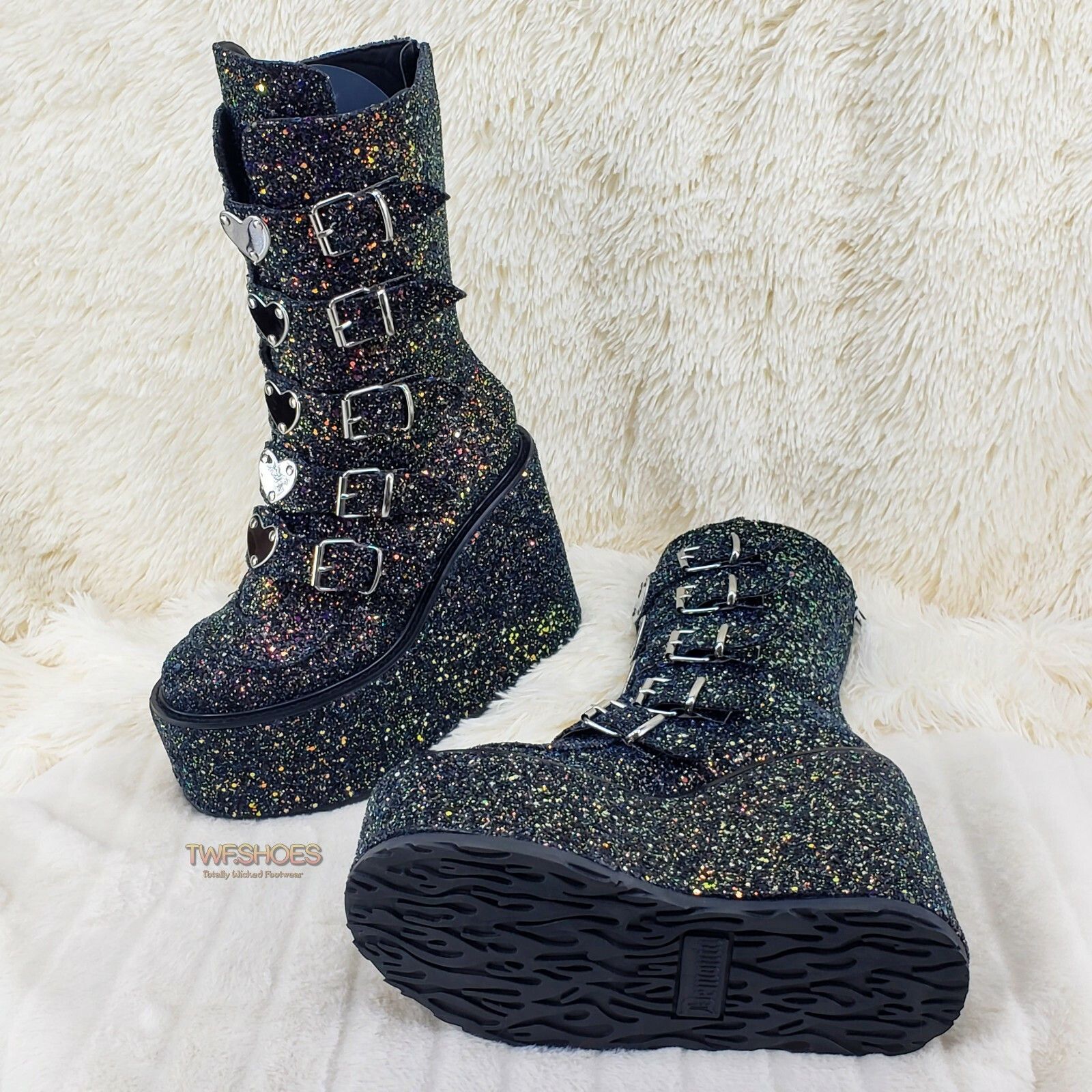 Demonia Cult DEMONIA Swing 230G Black Glitter Platform Boots Heart Strap Size US 8 / IT 38 - 5 Thumbnail