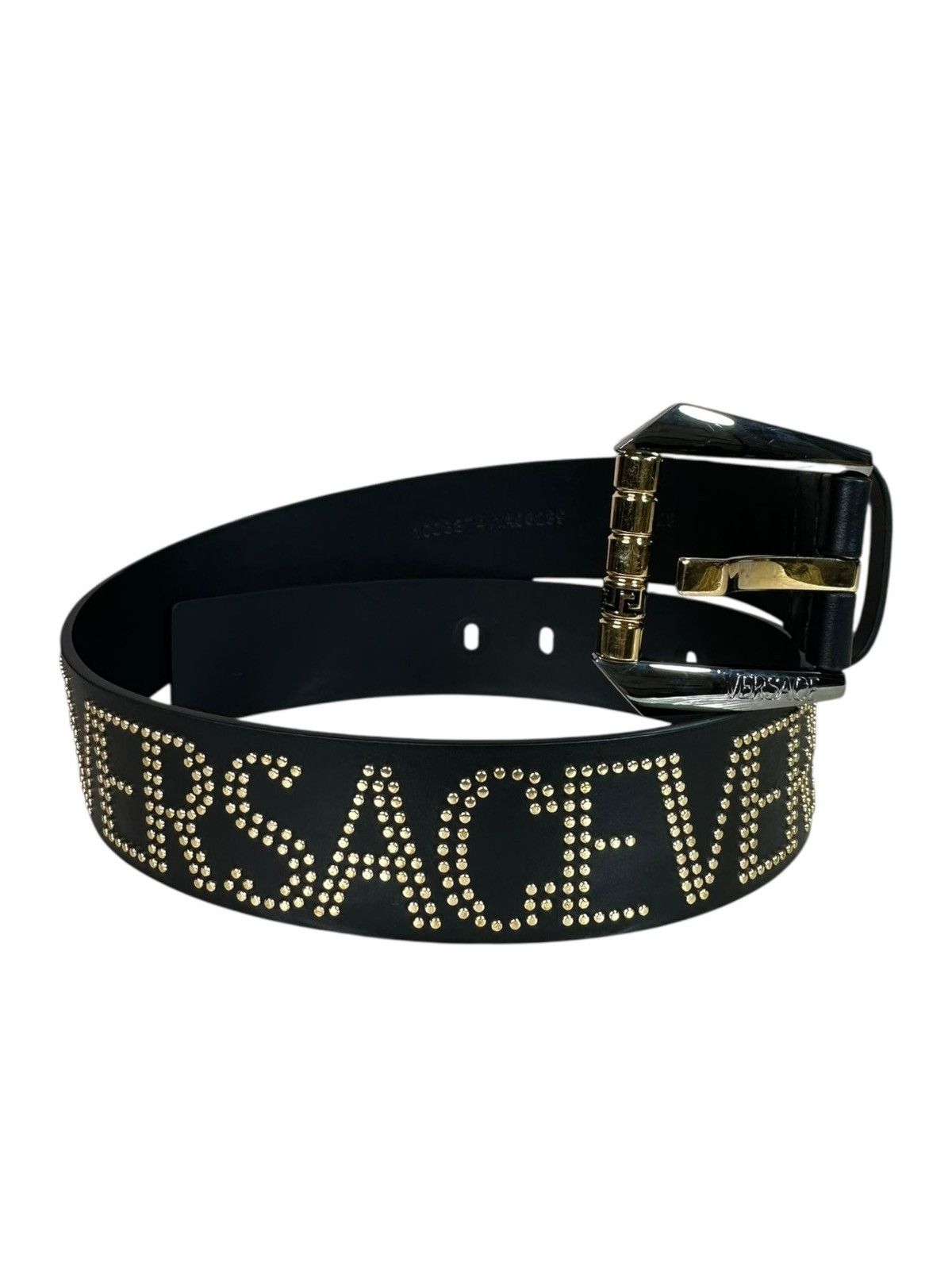 Versace Black Studded Logo Belt Gold Details