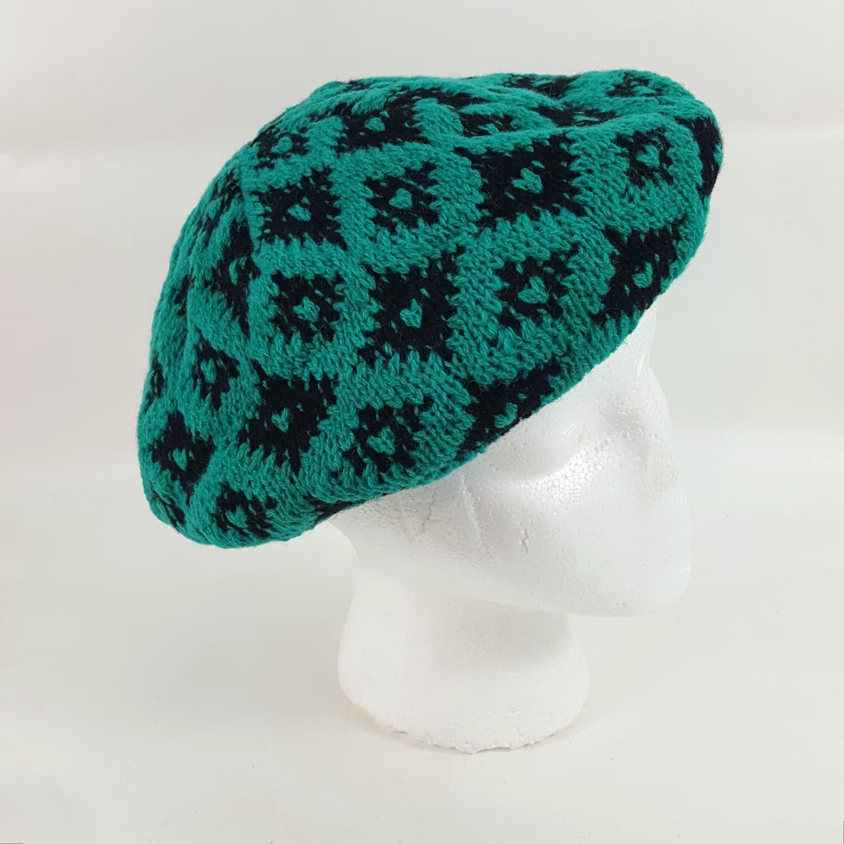 Vintage VINTAGE 80s Knit Wool Teal Diamond French Beret Warm Winter Hat Womens One Size Size ONE SIZE - 4 Thumbnail