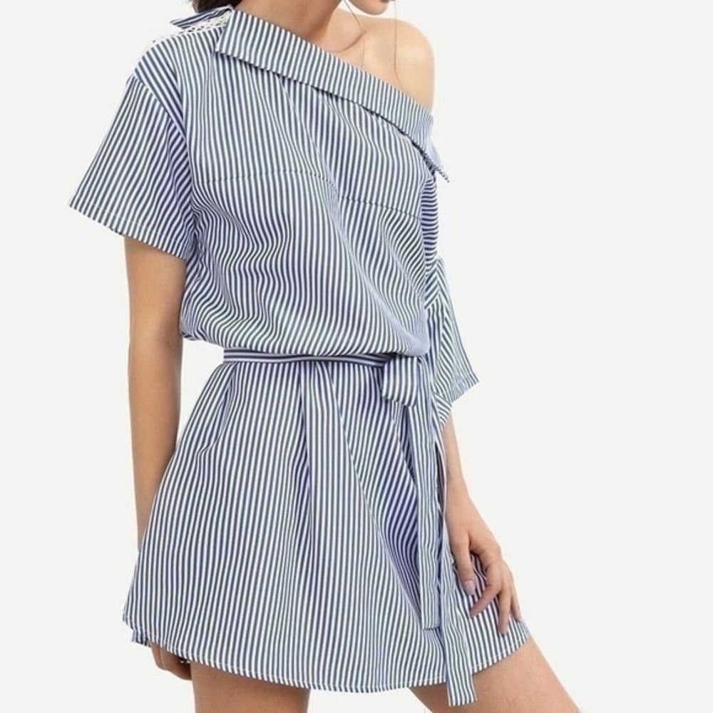 Shein Blue Striped One Shoulder Tie Waist Dress Size S / US 4 / IT 40 - 2 Thumbnail
